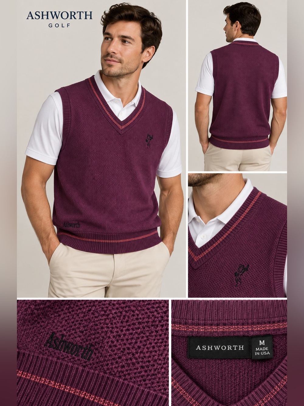 Ashworth Men's V-Neck Sweater Vest in Plum with Pink Trim